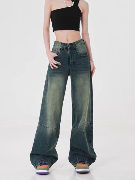 

women's jeans streetwear vintage washed high waist loose straight pants korean wide leg baggy y2k denim trouser female clothes 230721, Blue