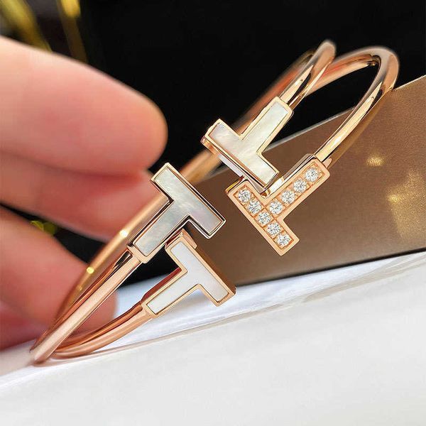 

high version s925 sterling silver double women's 18k gold plated full diamond fashion opening white mother beit t home bracelet, Golden;silver