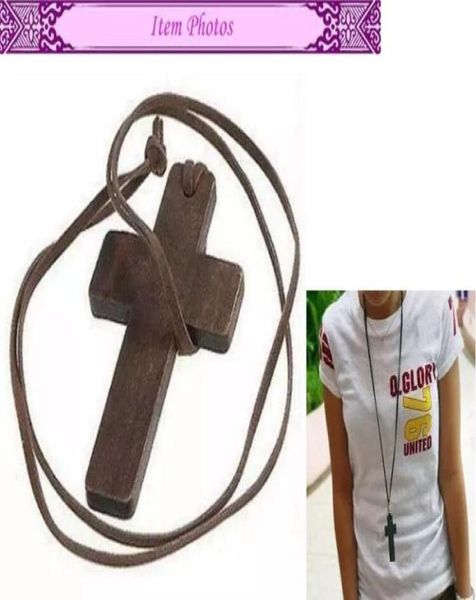 

200pc new fashion euramerican and korean style retro jewelry simple wooden cross and leather rope necklace sweater chain whol9285353, Silver