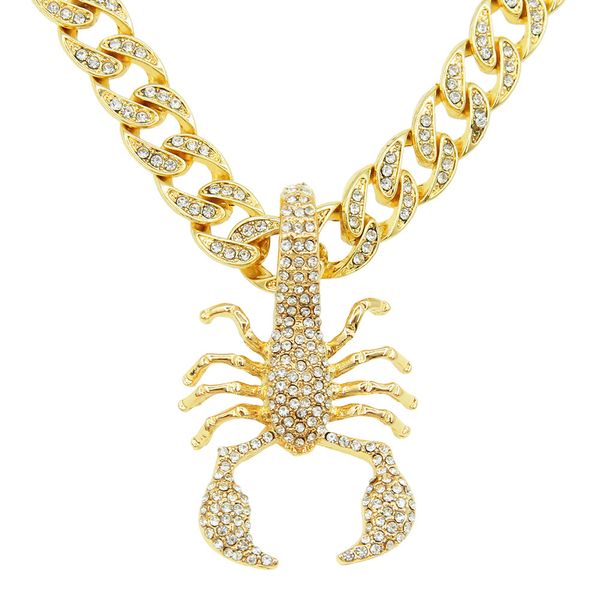 

hip hop rapper men shiny diamond pendant gold necklace iced out scorpion pendant micro-inset full zircon jewelry night club punk 50cm cuban, Silver