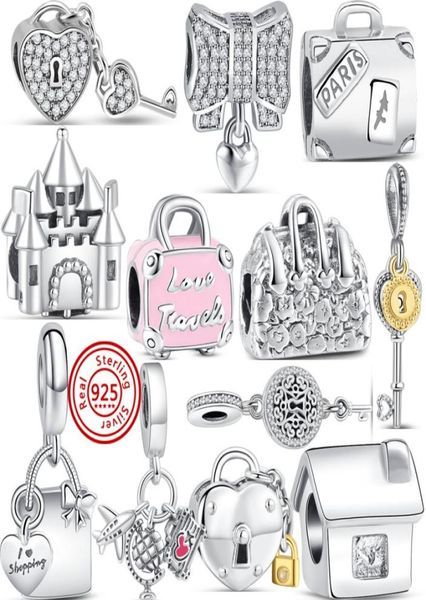 

925 silver fit charm 925 bracelet handbag luggage lock key charms set pendant diy fine beads jewelry4312652, Bronze;silver