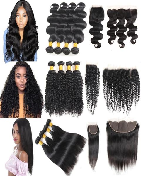 

brazilian virgin hair bundles with closures straight deep water body wave kinky curly human hair with closure and lace front5303413, Black