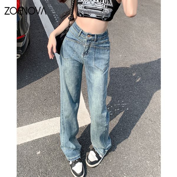 

women's jeans zoenova fashion versatile woman wide leg loose cargo long pants high waist straight slimming clothing casual street style, Blue