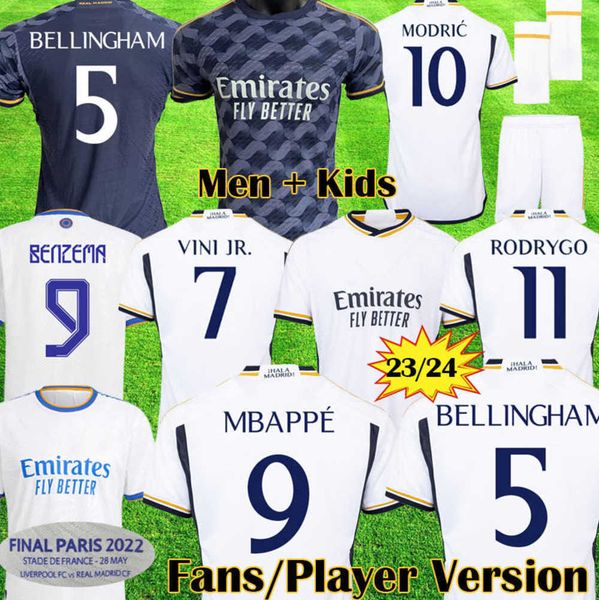 

22 23 24 player version soccer jerseys vini jr benzema 2021 finals champions kits rodrygo camiseta real madrids bellingham kids football shi, White;black