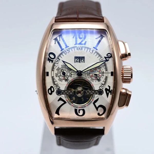 

2023 fm 45mm luxury leather band tourbillon mechanical men watch dropshipping day date skeleton automatic men watches gifts for father, Slivery;brown