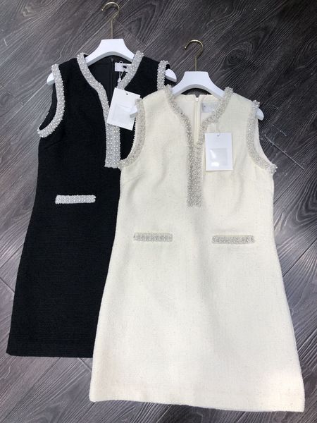 

early autumn designer dress new women designer clothing celebrity tank beaded tweed fabric dress, Black;gray