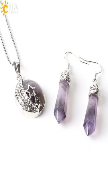 

csja bohemian natural gem stone jewelry sets moon stars pendant necklace hook dangle drop earrings opal amethyst summer beach jewe5685177, Silver