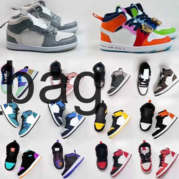 

toddler designer infants jumpman 1s kids basketball shoes game royal scotts obsidian chicago bred sneakers mid multi-color tie-dye kids shoe, Black
