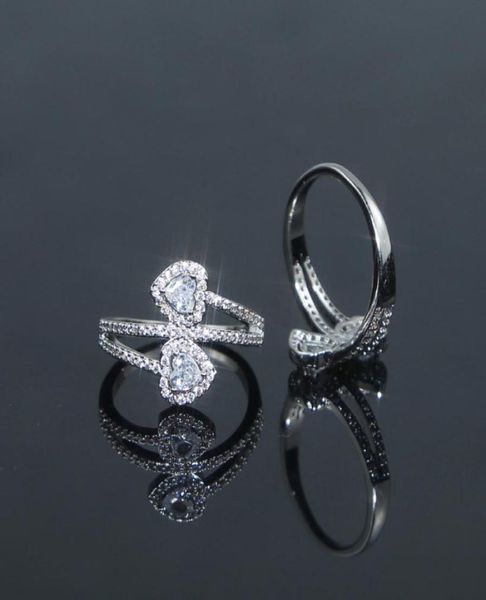 

iced out bling cz paved heart ring girlfriend lover fashion cute double heart shape bride wedding party finger rings jewelry whole4954270, Slivery;golden