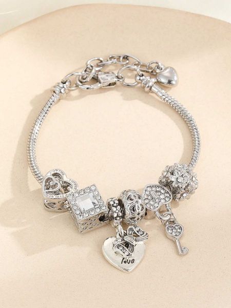 

rhinestone decor heart key charm bracelet, Golden;silver