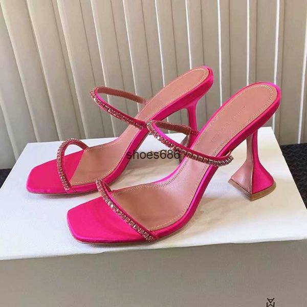 

amina muaddi sandals gilda slipper fushia crystals 95mm strap spool heels heel for slipper women summer luxury designer party banquet dress, Black