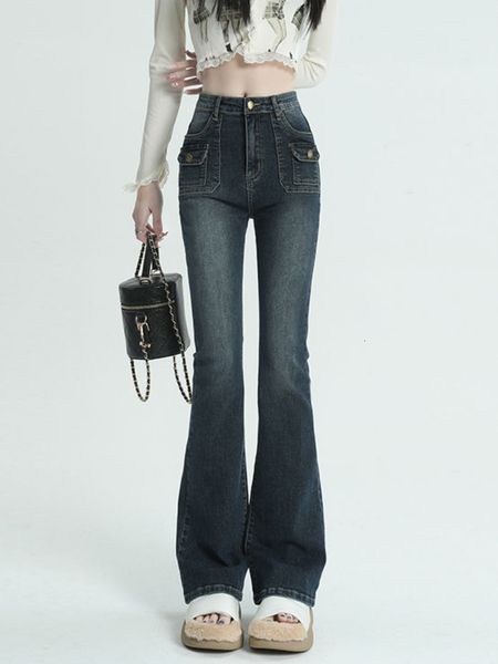

women's jeans winter vintage flare jean streetwear high waist chic casual y2k denim pants female korean style harajuku slim 2023 230721, Blue