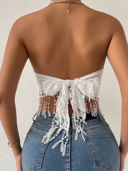 

women's clothing jacquard guipure lace fringe tie back crop tube top, White