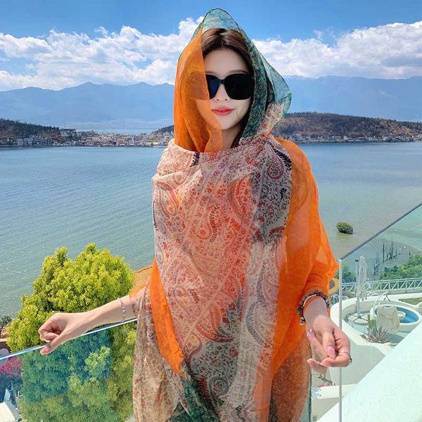 

summer air-conditioned room shawl long large lijiang desert yunnan travel versatile sunscreen headband scarf, Blue;gray