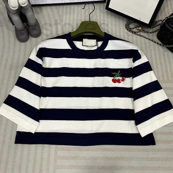 

women's knits & tees designer g knitted round neck striped short sleeved with cherry letter embroidery casual loose fitting women', White
