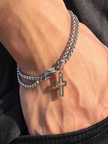 

men's accessories 1pc minimalist double layered hollow out cross pendant chain bracelet for men for daily decoration stainless steel, Black