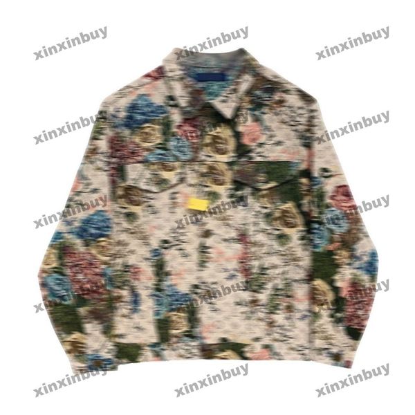 

xinxinbuy men designer coat jacket flower jacquard letter denim printing long sleeve women blue red s-2xl, Black;brown