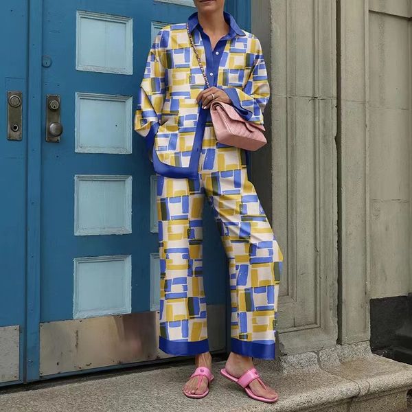 

womens two piece pants long sleeve turn down collar casual set ladies button wide leg matching women printed loose outfits y2k 230724, White