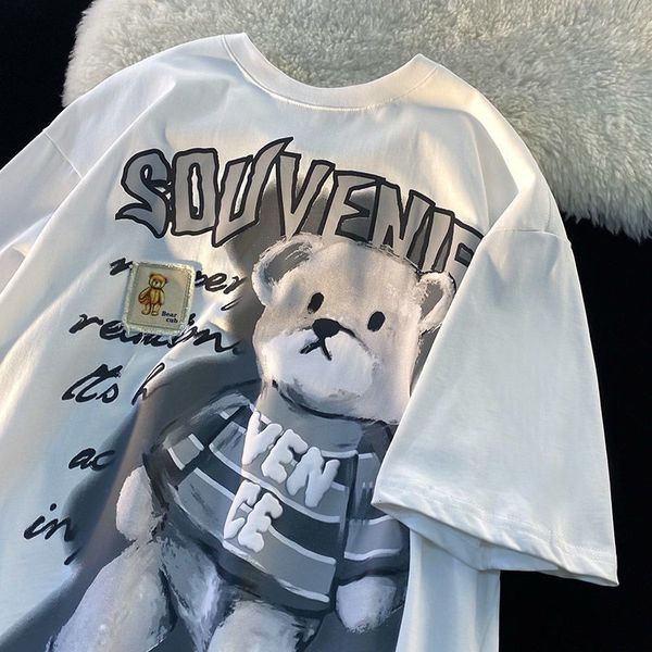 

men's casual shirts american graffiti cartoon bear retro tshirt men and women trend street couple outfit allmatch college style halfsle, White;black