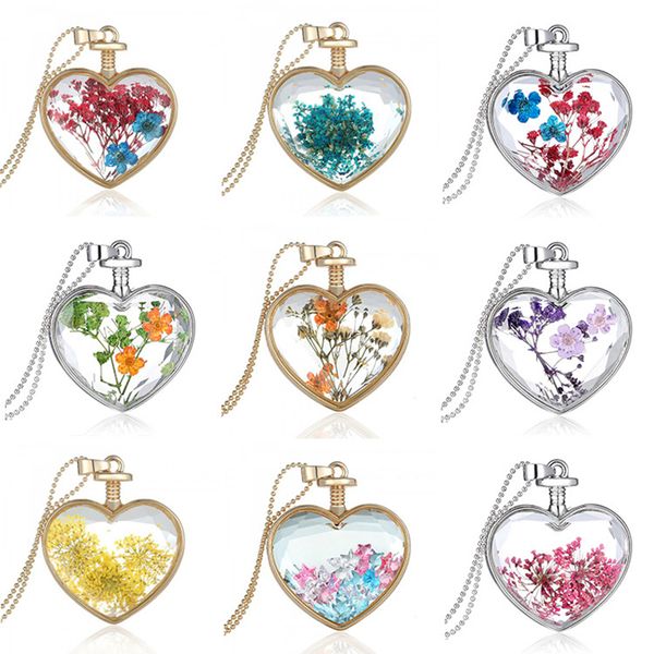 

crystal glass pendant heart necklace creative dry flower necklace women's fashion accessories, Silver