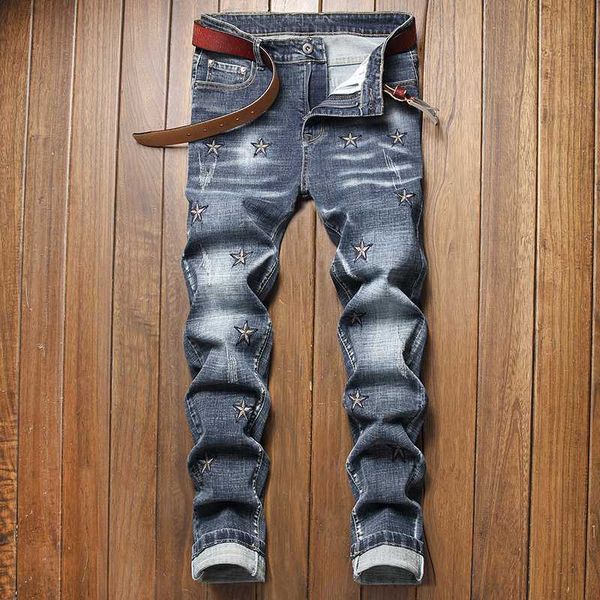 

men's jeans mens designer embroidered stars skinny jeans fashion personalized streetwear male punk stretch straight denim trousers l230, Blue