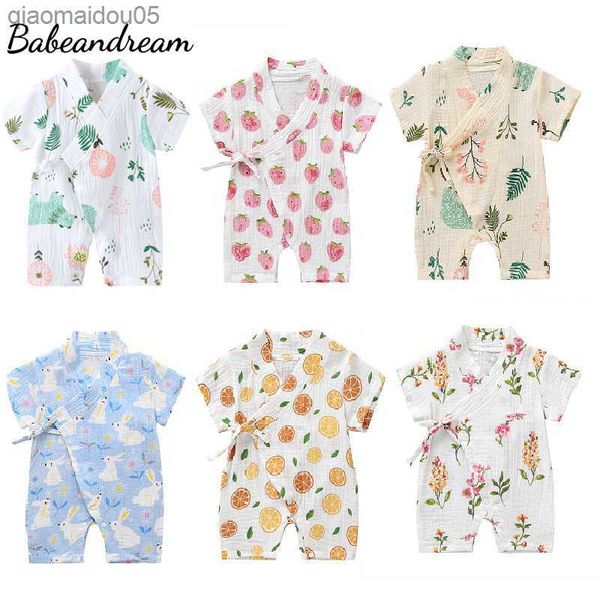 

0-18m summer baby girl boys clothing rompers jumpsuit short-sleeved floral print cute soft newborn infant baby kimono playwear l230712, Blue