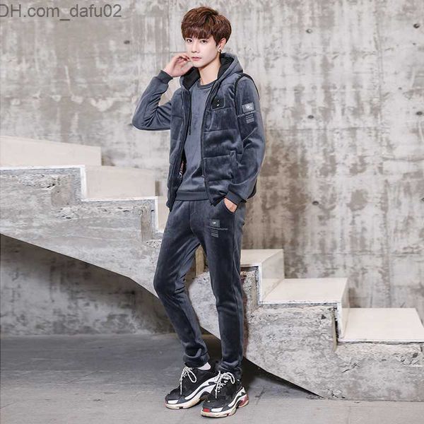 

men's tracksuits s-4xl 2023 casual men's sports casual set new gold velvet sweater men's tank three piece winter men's s, Gray