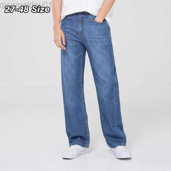 

men's jeans classic men's jeans plus size 42 44 46 48 summer thin 100% cotton baggy straight leg denim pants brand casual trousers, Blue