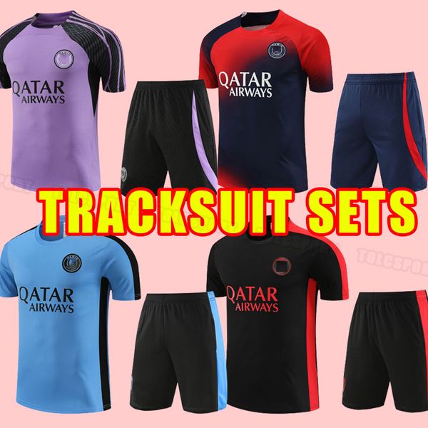 

23 24 psgs mbappe soccer tracksuits 2023 2024 di maria wijnaldum sergio ramos hakimi verratti training sets short sleeve maillots football i, Black