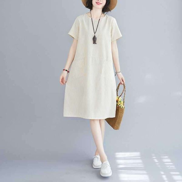 

style slim looking striped cotton linen dress for women summer large sized loose short sleeved pocket midi, Black;gray