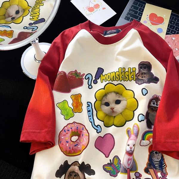 

men's tshirts american retro cute cartoon pattern raglan shortsleeved tshirt men and women summer loose niche chic couple halfsleeved 2, White;black