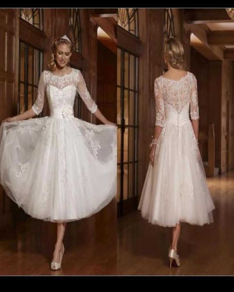 

a line white 2019 short wedding dresses scoop lace appliques half sleeve custom made vintage bridal gowns knee length weddin2824890