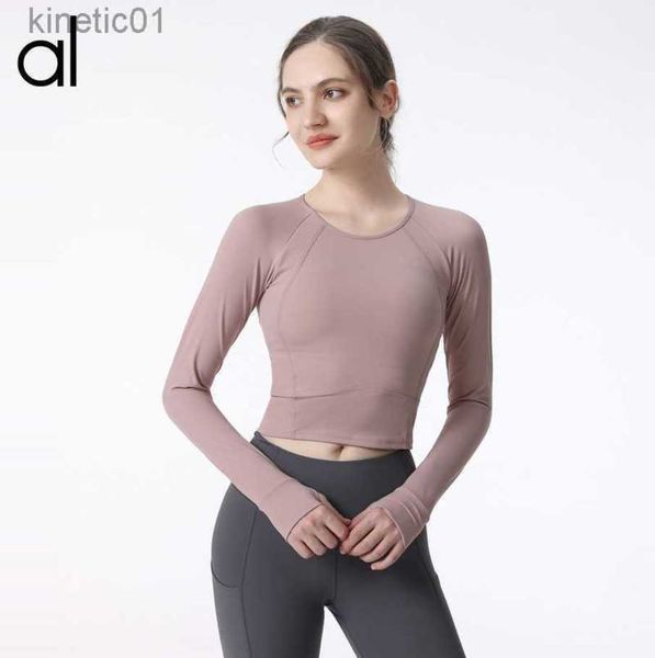 

2023 desginer alo yoga t shirt spring and summer suit long-sleeved round neck nude fashion sports fitness suit with chest pad t, White