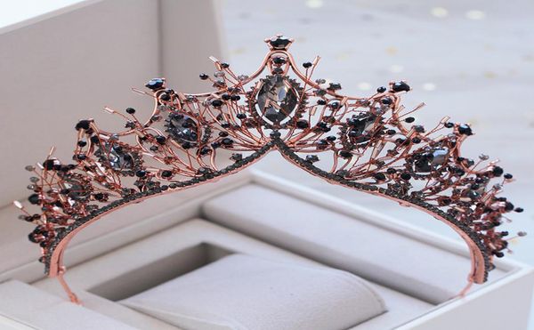 

kmvexo baroque rose gold black crystal bridal tiara rhinestone diadem pageant crown for brides headband wedding hair accessories y4536865, White;golden