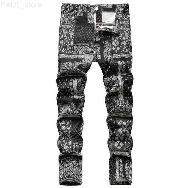 

men's jeans men paisley bandanna printed fashion 3d digital painted stretch denim pants slim straight black trousers l230724, Blue