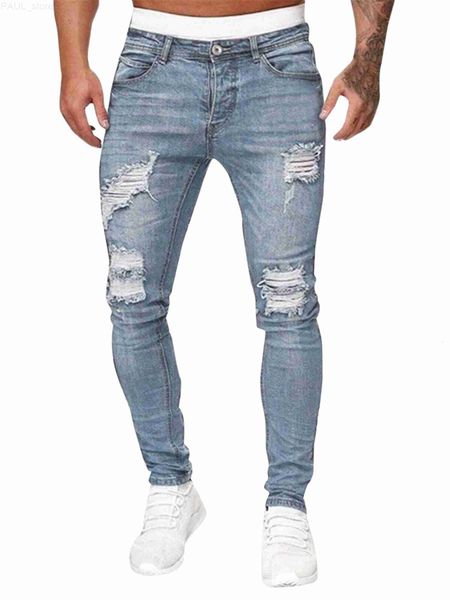 

men's mens jeans men s distressed slim fit stretch destroyed ripped skinny fashion holes hiphop denim pants with a trendy twist 230720, Blue