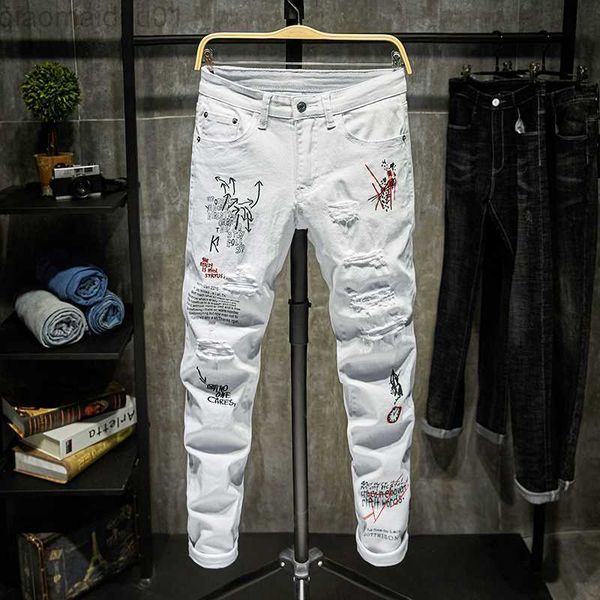

men's jeans fashion trendy embroidery letters men college boys skinny runway zipper denim pants destroyed ripped jeans black white jean, Blue