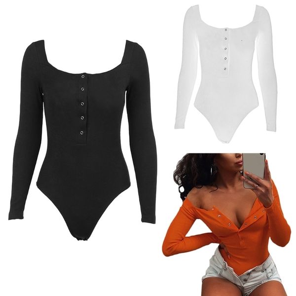 

women's jumpsuits rompers women long sleeve ribbed knit bodysuit single breasted button up v-neck leotard solid color bodycon jumpsuit, Black;white