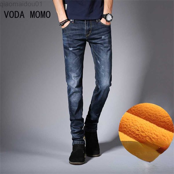 

men's jeans winter new men fleece warm jeans classic style business casual regular fit thicken stretch denim pants male brand trousers, Blue