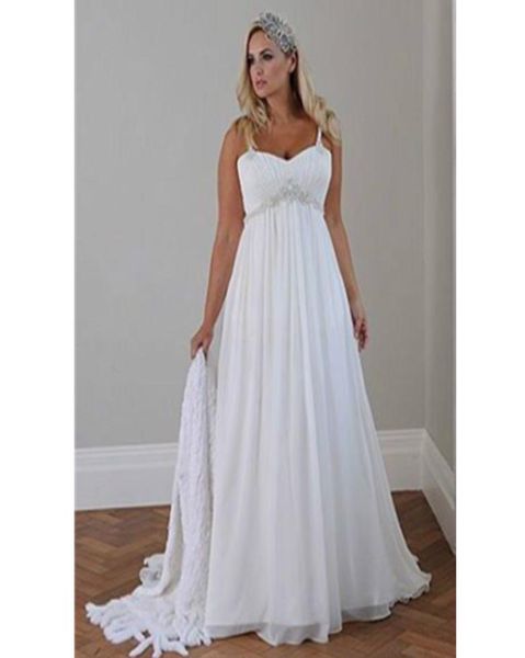 

plus size summer style new wedding dresses draped crystal spaghetti straps chiffon long beach bridal gowns pleats casual custom ma1835510, White