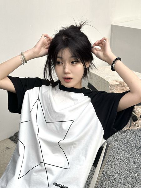 

women's t-shirt houzhou harajuku star short sleeve tshirts women korean style hippie oversize t shirts patchwork summer american vinta, White