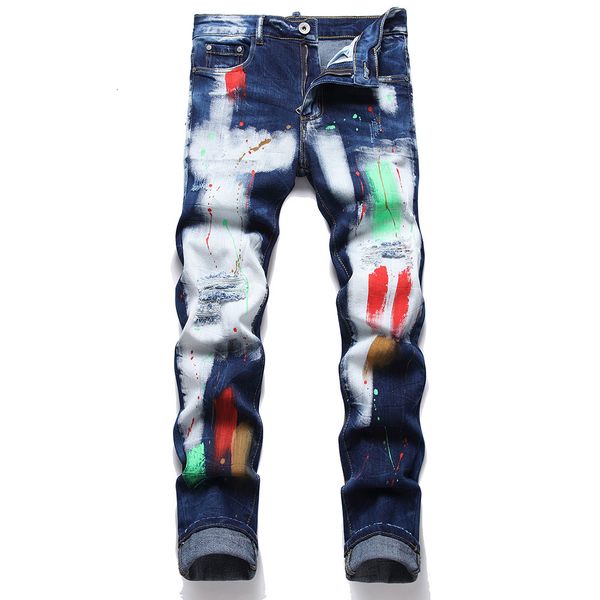 

men's jeans rock punk style design men painted stretch denim streetwear holes ripped pants blue white slim tapered trousers jeans 23072