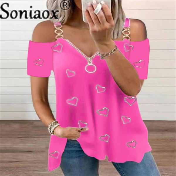 

womens tshirt summer women vneck zipper metal ring shoulder strap love print offshoulder shortsleeved loose ladies casual 230724, White