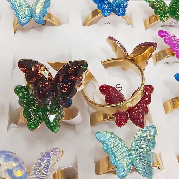 

30 pcs of vivid acrylic butterfly mixed color stainless steel rings fashionable womens jewelry gifts party gifts, Golden;silver