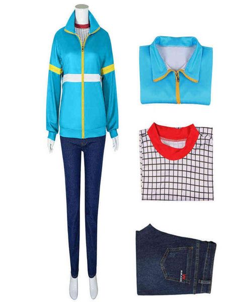 

theme costume stranger things season 4 cosplay costumes max mayfield mike even lucas hell fire club uniform blue sweater jeans pla8331605, Black;red