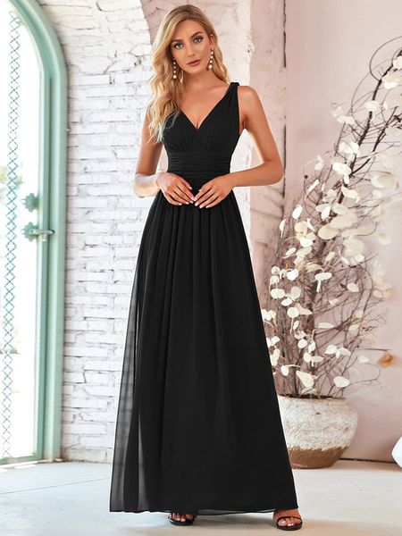 

pleated sleeveless v-neck chiffon maxi dress prom, Black