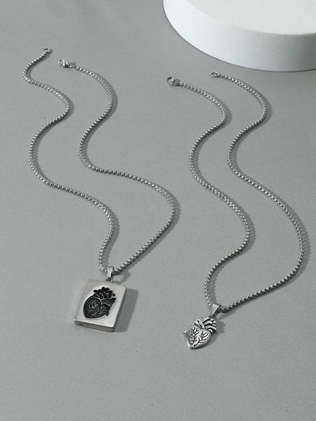 

men's accessories 2pcs men heart organ rectangle charm necklace, Silver