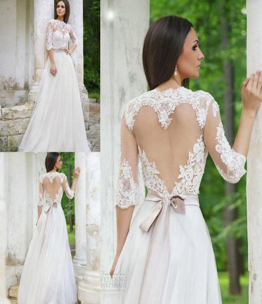 

elegant 2019 lace wedding dresses half sleeves jewel neck heartshaped keyhole illusion tulle open back wedding gowns beach bridal5200887, White