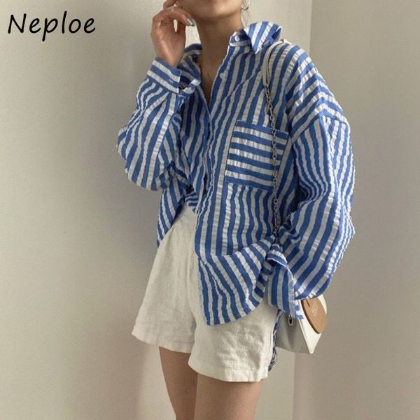 

women's blouses shirts neploe korean chic fresh design sense blouse women singlebreasted striped shirt 2023 autumn temperament lapel co, White