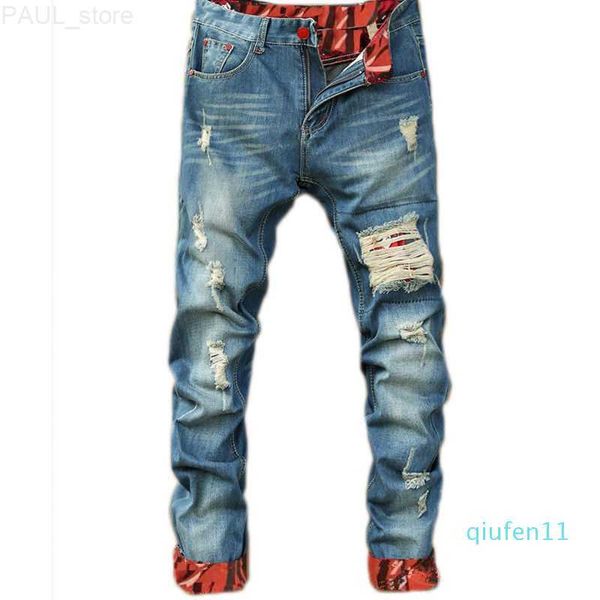 

men's mens casual straight retro slim skinny jeans fashion designer ripped men hip hop light blue denim pants l230724